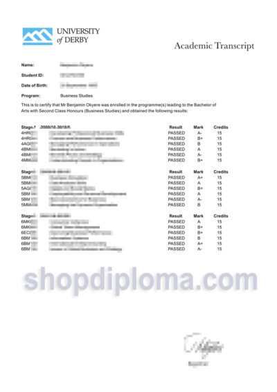 University of Derby business studies academic transcript