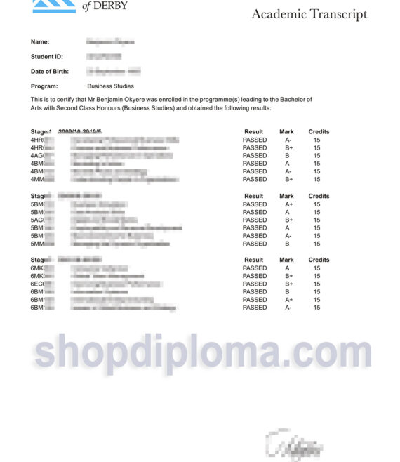University of Derby business studies academic transcript