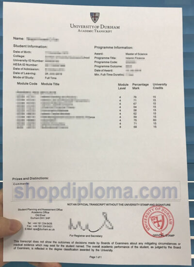 University of Durham academic transcript