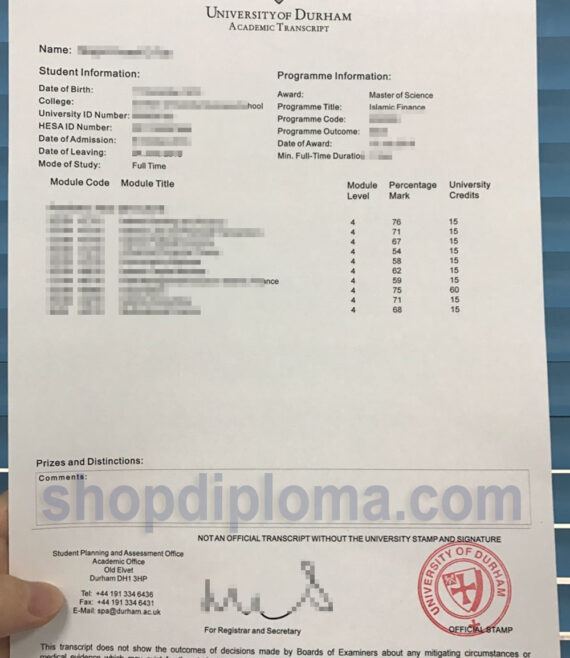 University of Durham academic transcript