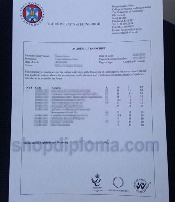 University of Edinburgh academic transcript