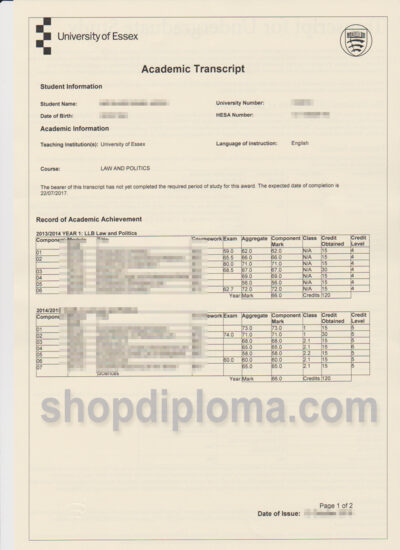 University of Essex academic transcript