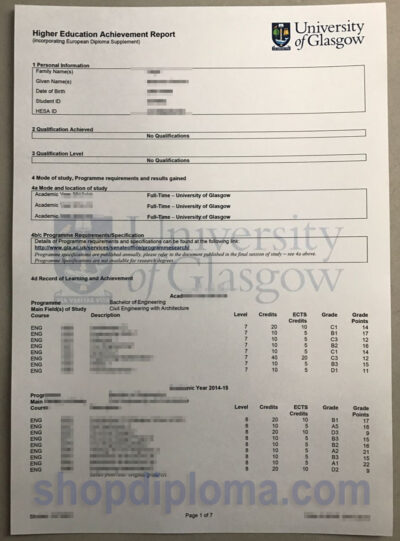 University of Glasgow academic transcript