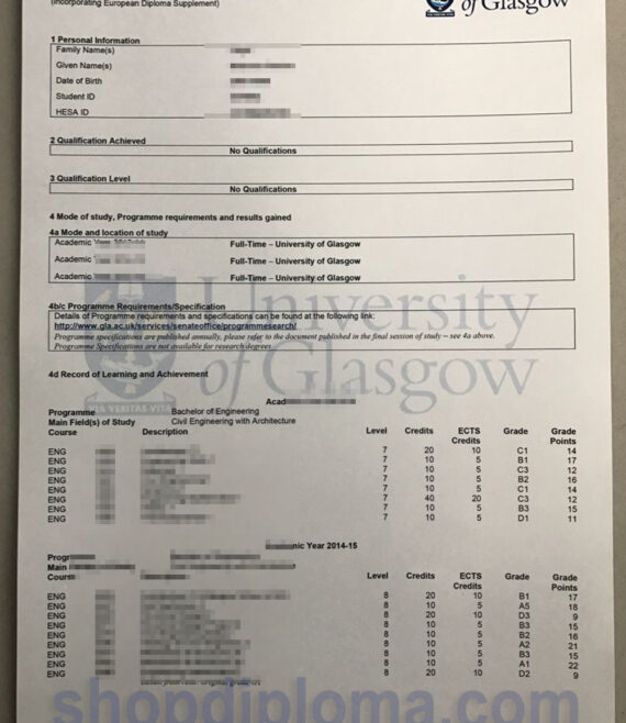 University of Glasgow academic transcript