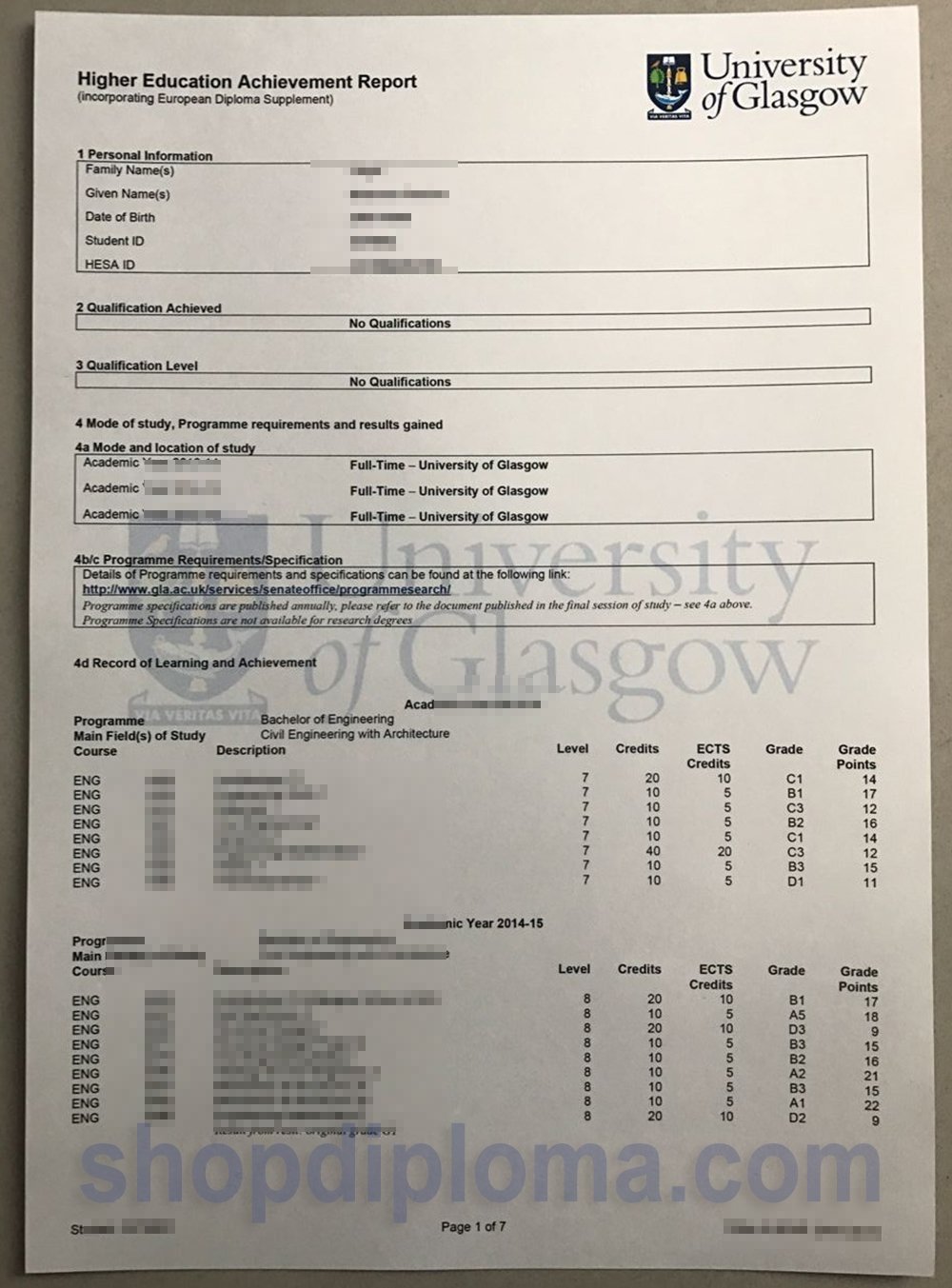 University of Glasgow academic transcript - High-Quality Diploma ...