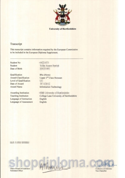 University of Hertfordshire bsc transcript