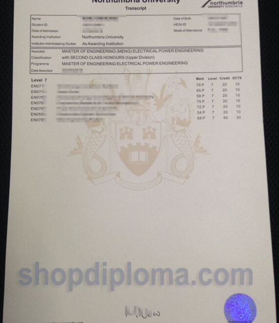 University of Northumbria transcript