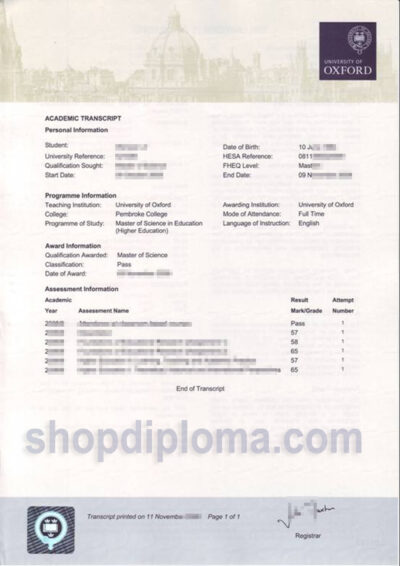 University of Oxford academic transcript