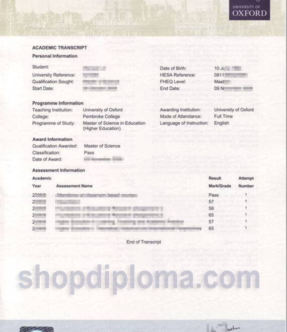 University of Oxford academic transcript