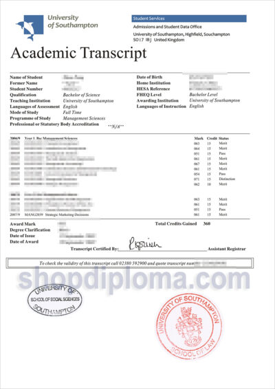 University of Southampton academic transcript