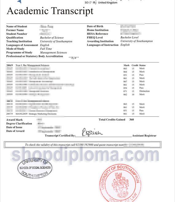 University of Southampton academic transcript
