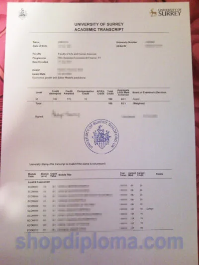 University of Surrey academic transcript