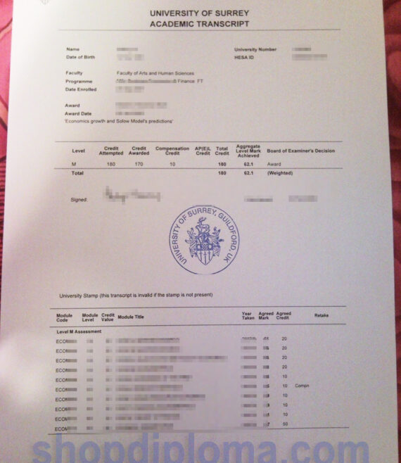 University of Surrey academic transcript