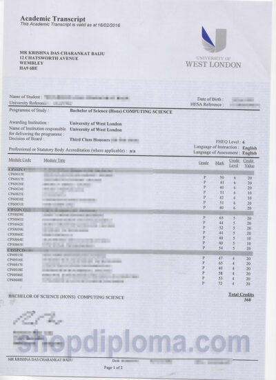 University of West London academic transcript