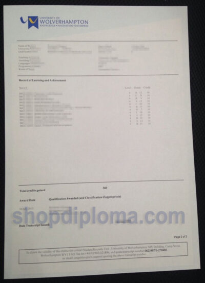 University of Wolverhampton academic transcript