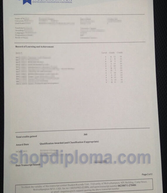 University of Wolverhampton academic transcript
