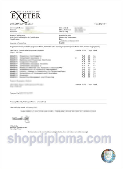 University of exeter diploma supplement and transcript