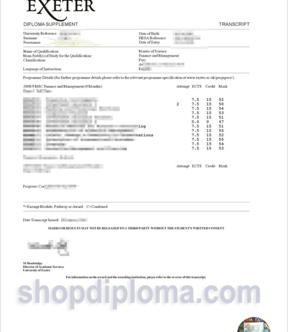 University of exeter diploma supplement and transcript
