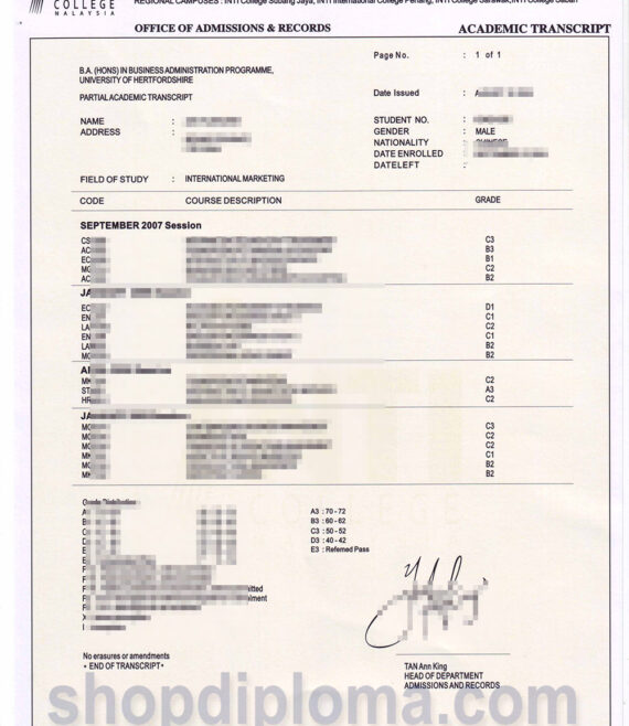 University of hertfordshire inti college malaysia academic transcript