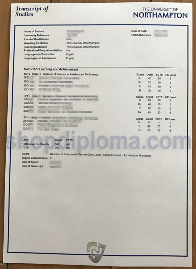 University of northampton transcript of studies