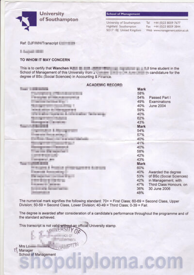 University of southampton transcript