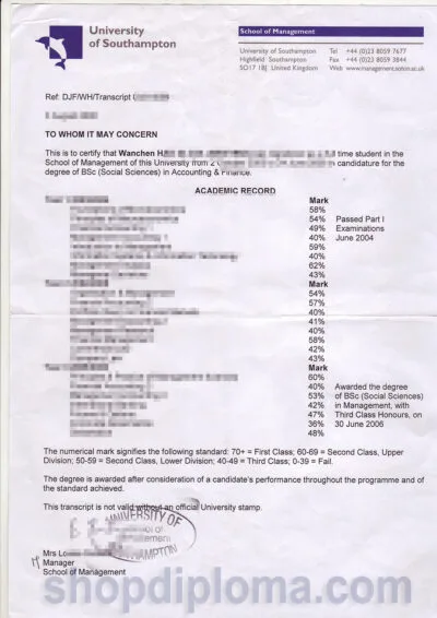University of southampton transcript
