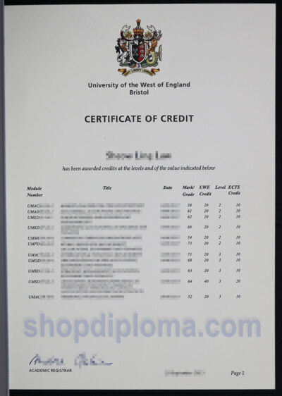University of the West of England Bristol certificate of credit transcript