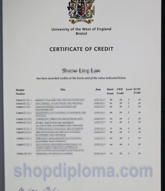University of the West of England Bristol certificate of credit transcript