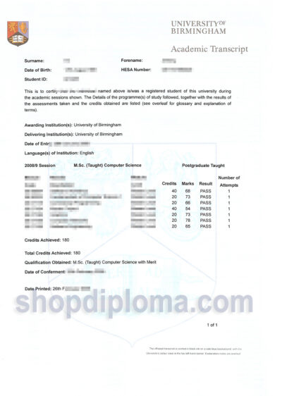 Universty of Birmingham academic transcript