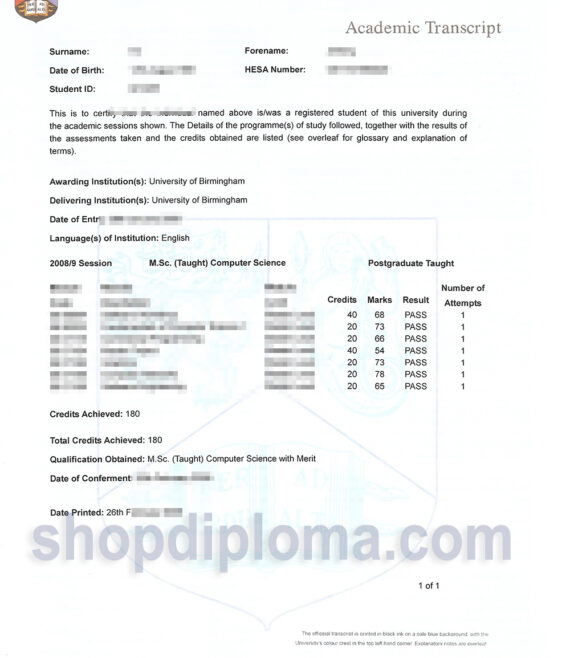 Universty of Birmingham academic transcript