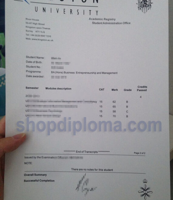 kingston university academic transcript