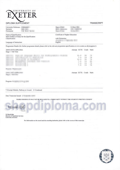 university of Exeter transcript
