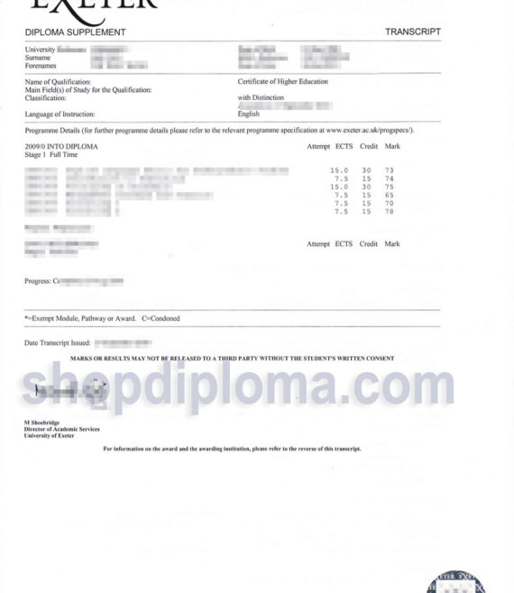 university of Exeter transcript