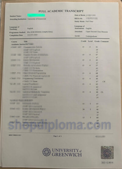 university of Greenwich rull academic transcript