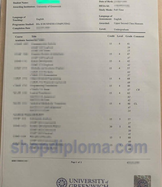 university of Greenwich rull academic transcript
