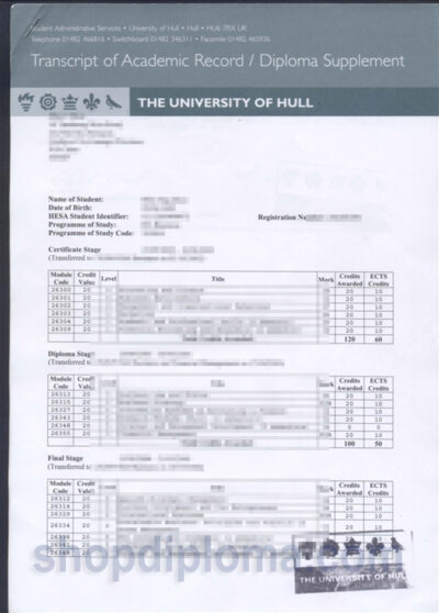 university of Hull transcript of academic record