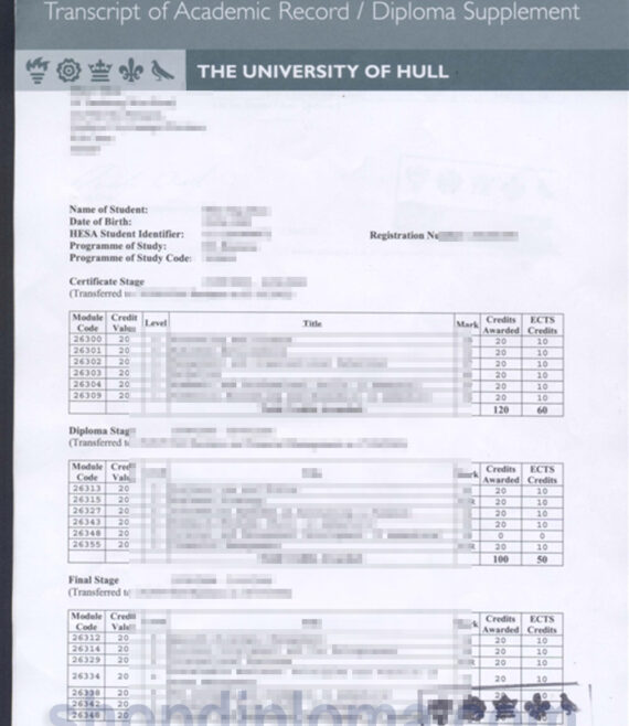 university of Hull transcript of academic record