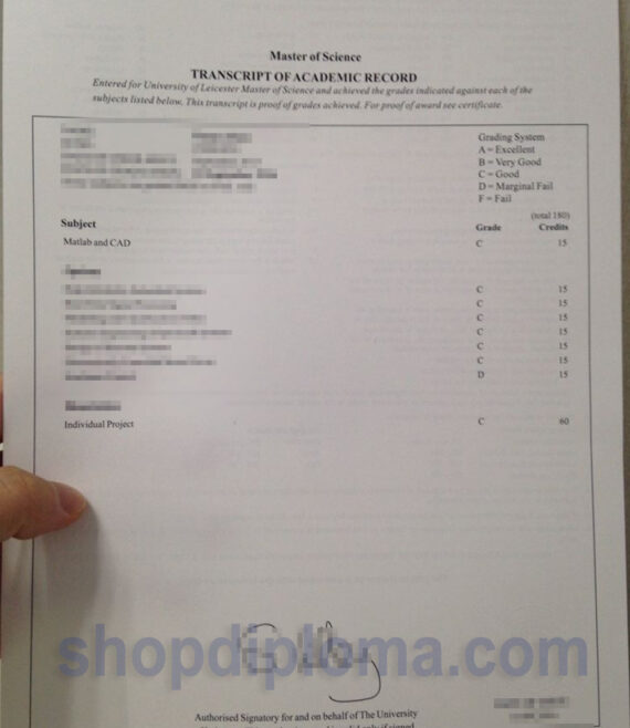 university of Letcester transcript of academic record