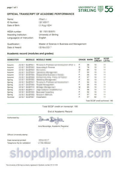 university of Stirling official transcript of academic performance