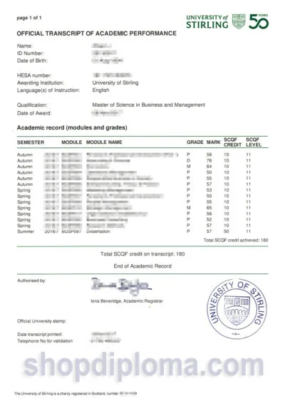 university of Stirling official transcript of academic performance