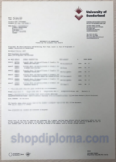 university of Sunderland transcript