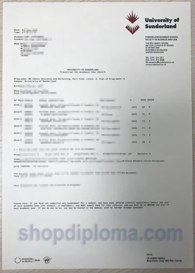 university of Sunderland transcript