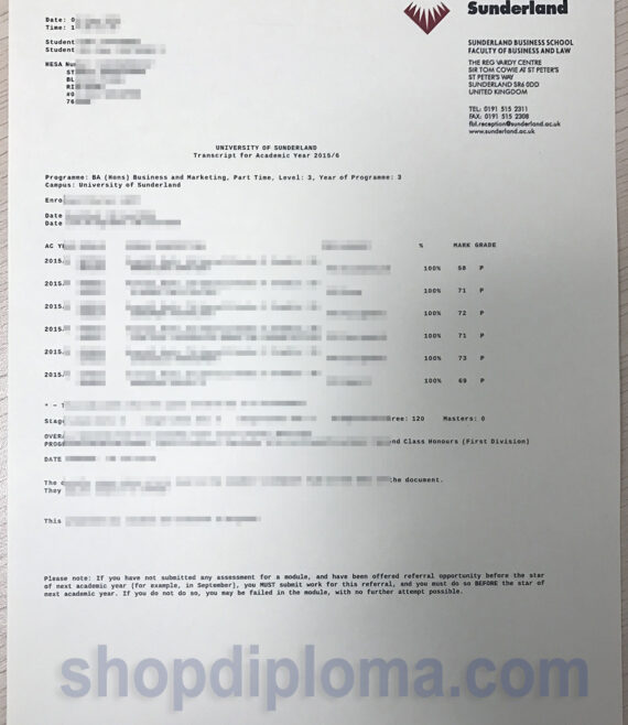 university of Sunderland transcript