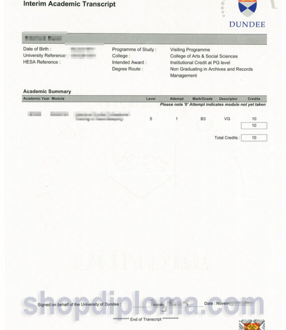 university of dundee academic transcript record keeping