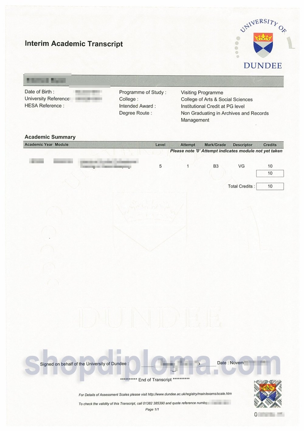 university of Dundee academic transcript record keeping - High-Quality ...