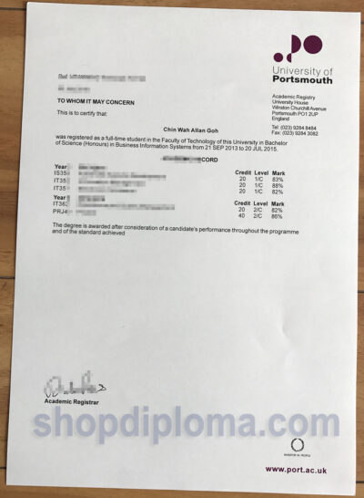 university of portsmouth transcript academic