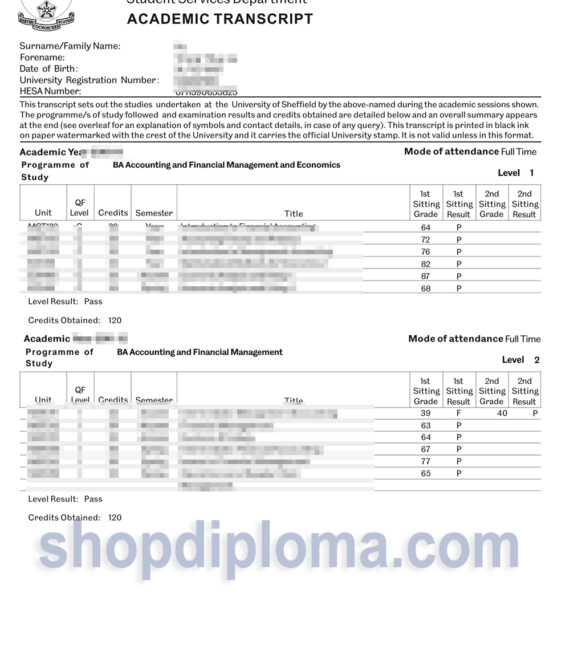 university of sheffield academic transcript