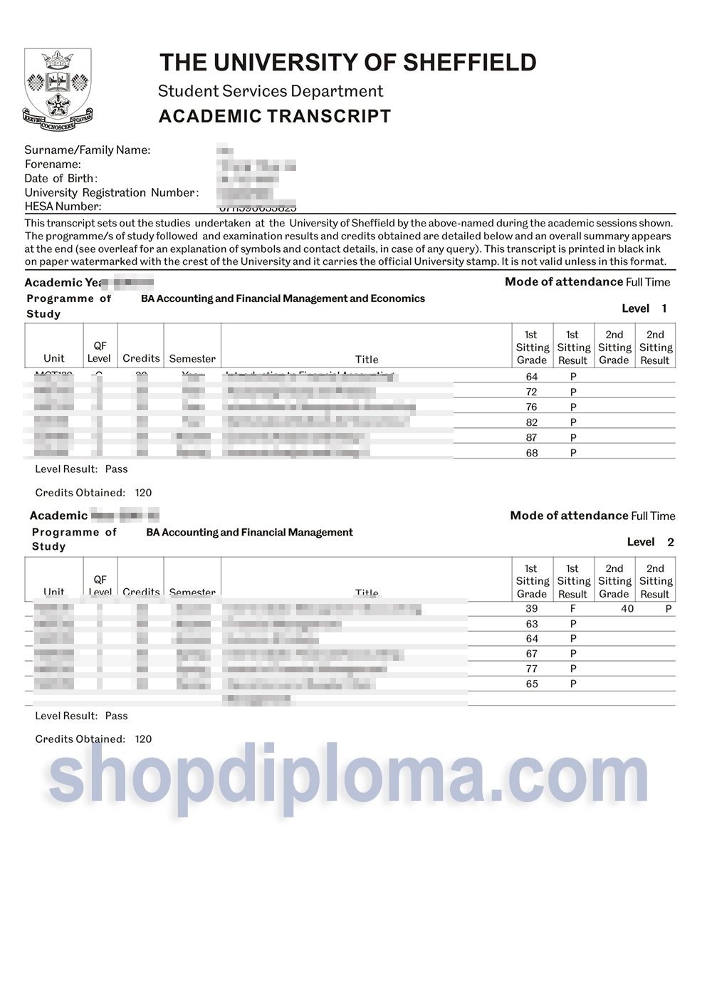 university of sheffield academic transcript - High-Quality Diploma ...