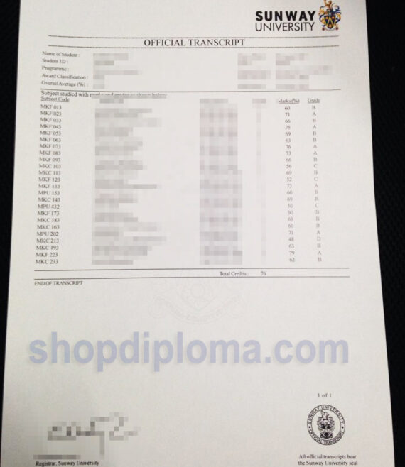 Sunway University official transcript