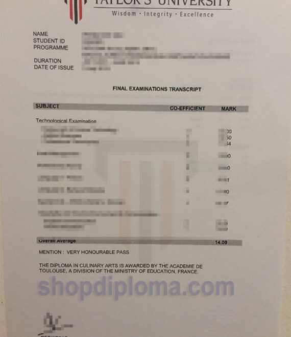 Taylor's university academic transcript